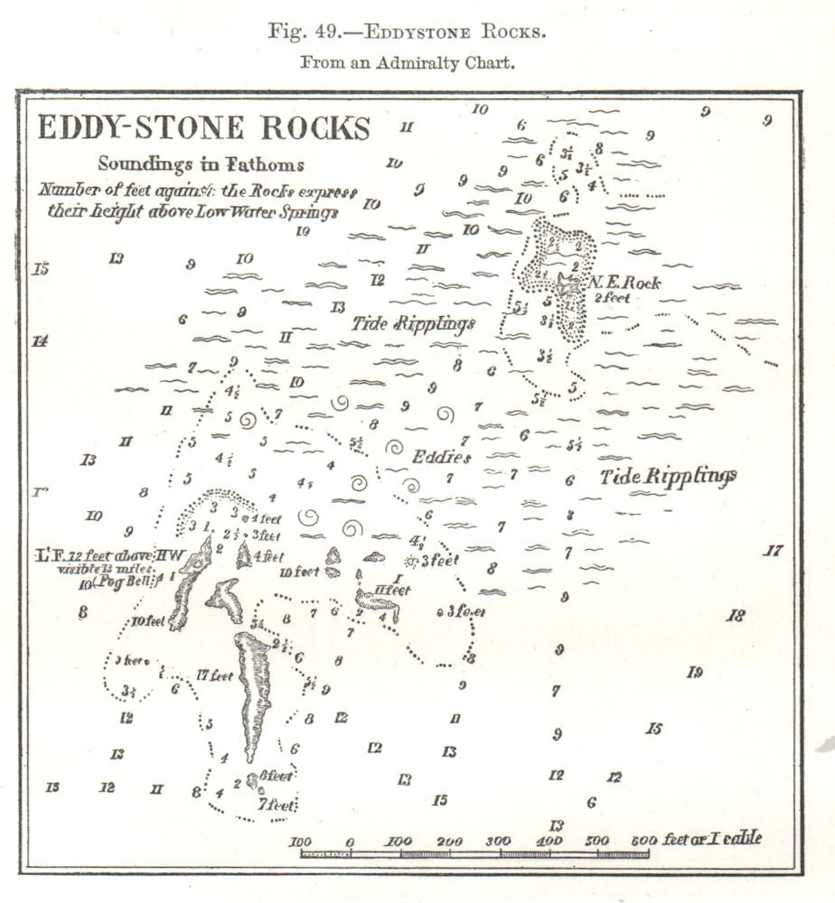 Eddystone Rocks. Devon. Sketch map 1885 old antique vintage plan chart